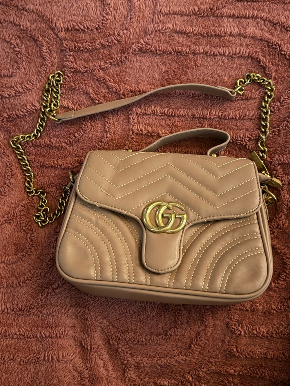 Warm Tan Quilted Monogrammed GG Crossbody With Gold Chain
